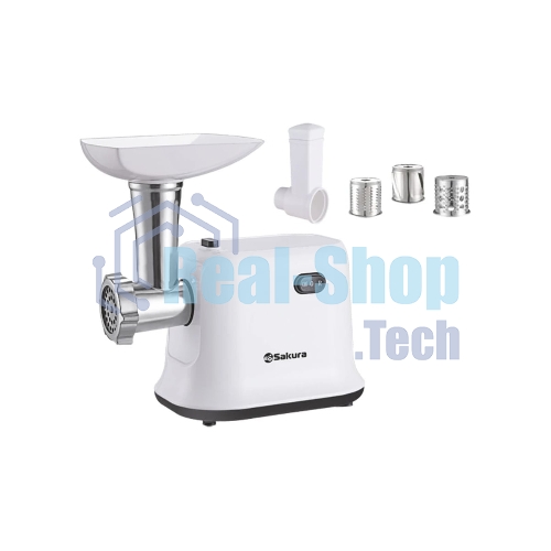 Мясорубка электрическая Sakura SA-6420SW белый, 1500 Вт, 1.4 кг/мин, реверс, защита от перегрузки, насадки - 4