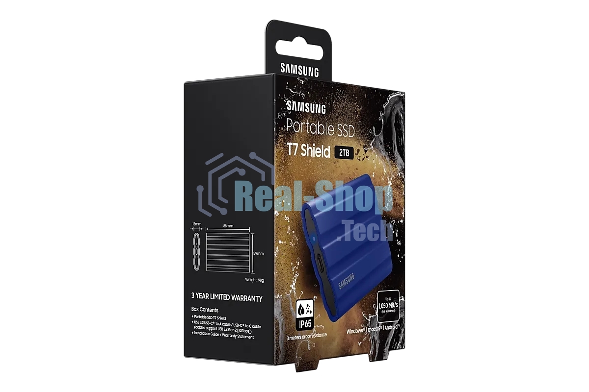 Внешний SSD Samsung T7 Shield, 1TB, USB 3.2 Gen 2 Type-C, R/W 1050/1000, синий