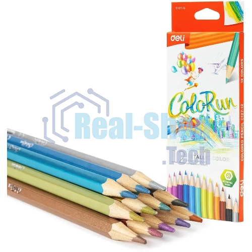 Карандаши цветные Deli EC127-12 ColoRun, шестигранный профиль, дерево 12 цветов, коробка с европодвесом (12шт)