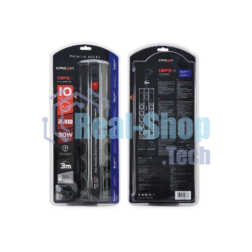 Сетевой фильтр CROWN CMPS-11 черный, 10 розеток, 3 м