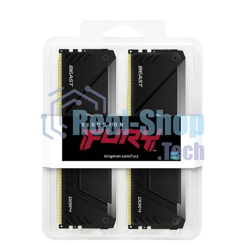 Оперативная память Kingston Fury Beast, DDR4, 32GB (2x16GB), 3200MHz, CL16, DIMM, с радиатором, RGB, черный