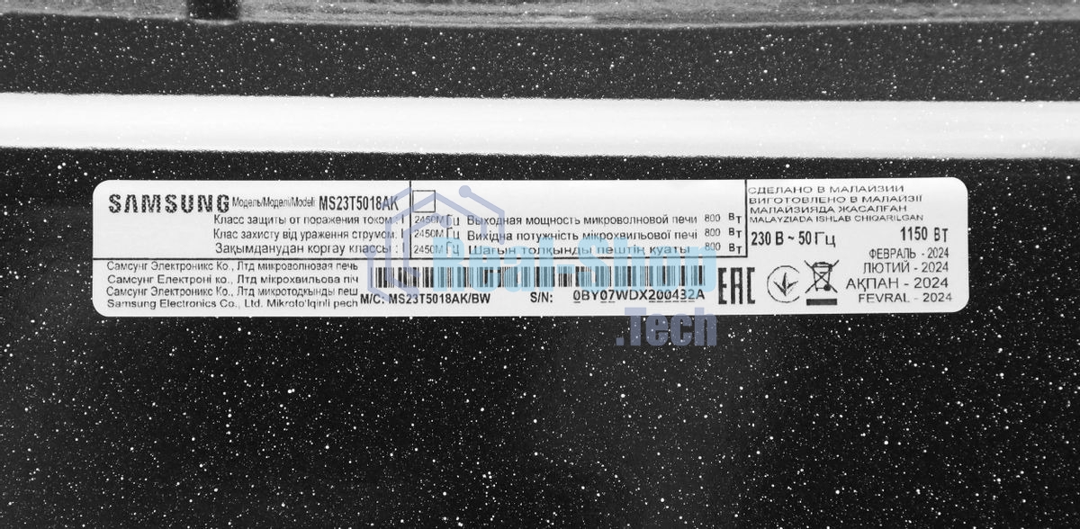 Микроволновая печь Samsung MS23T5018AK/BW черный, 23 л, 800 Вт, переключатели - сенсор