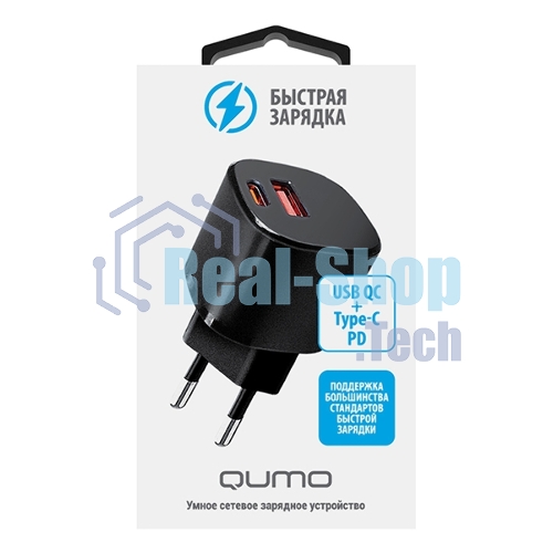 Сетевое зарядное устройство Qumo Energy GaN Mini PD 30W (Charger 0072), два порта: Type-C PD + USB-A QC3.0, черный