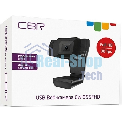 Веб-камера CBR CW 855FHD Black 1920x1080, 30 кадр/с, USB 2.0 Type-A, микрофон, фиксированная фокусировка, угол обзора 75°, крепление на мониторе, кабель 1.8 м