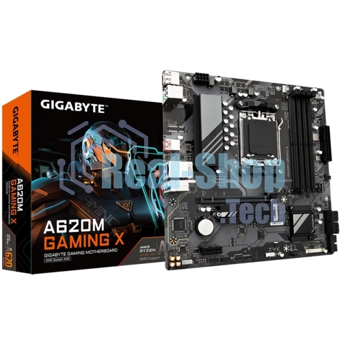 Материнская плата Gigabyte A620M GAMING X, Micro-ATX, AM5, AMD A620, 4xDDR5, 4xSATA, 1xM.2, 1xPCI-E 4.0 x16, 1xPCI-E x1, 1xHDMI, 1xDP, 1x 1Gb LAN, 1xUSB 3.2 Gen 2, 2xUSB 2.0, 2xUSB 3.2 Gen 1, 3x3.5мм, 7.1, ATX