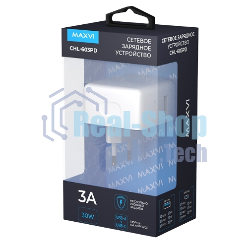 Сетевое зарядное устройство Maxvi CHL-603PD Type-C\USB 30W 6A (3A+3A) PD QC3.0, белый