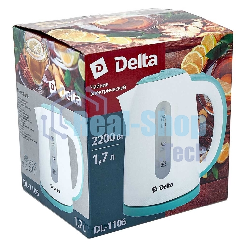 Чайник электрический DELTA DL-1106 белый с мятным 1.7 л, 2,2кВт
