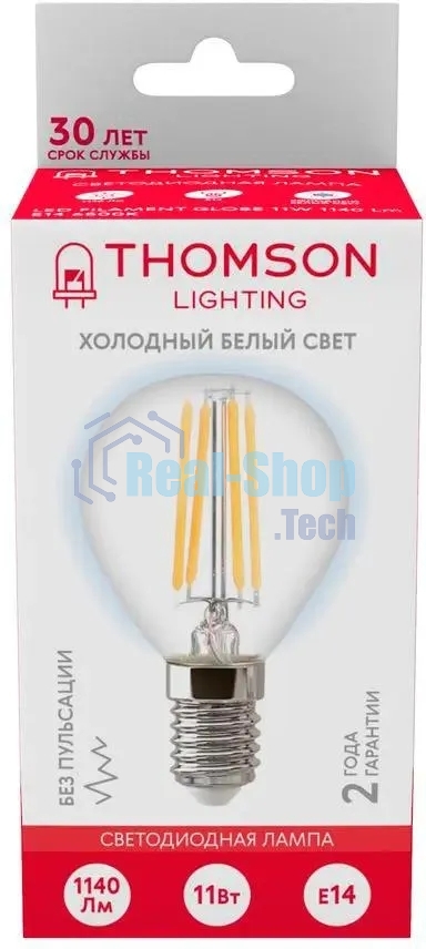 Лампа светодиодная филаментная Thomson TH-B2338 E14, шар, 11Вт, 6500К, белый холодный, 1 шт.