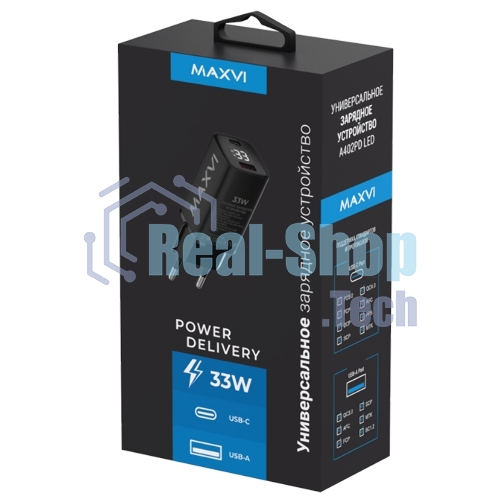 Сетевое зарядное устройство Maxvi A402PD LED 33W, 1xUSB-A, 1xUSB-C, черный
