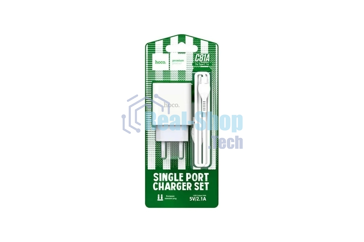 Блок питания (сетевой адаптер) HOCO C81A Asombroso single 1xUSB с кабелем Type-C, 2.1A, 10W, белый