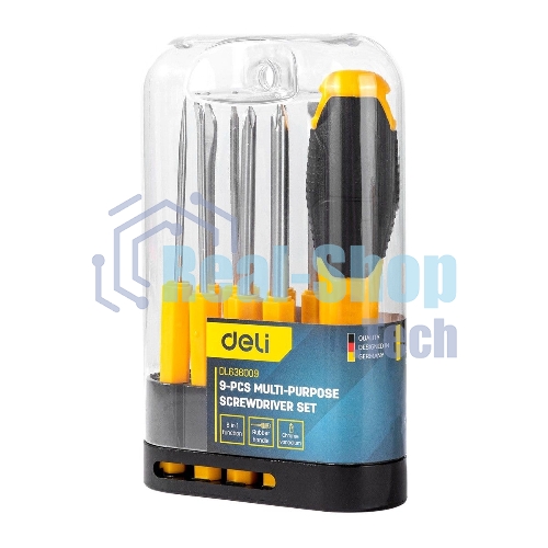 Многофункциональная отвертка 8-в-1 Deli DL636009 1шт ручка, 3 бита Phillips: PH0, PH1, PH2, 3 насадки с прорезями: 3 мм, 5 мм, 6 мм,2 специальные биты: точечные, Y-образные. Материал хвостовика: Cr-V.