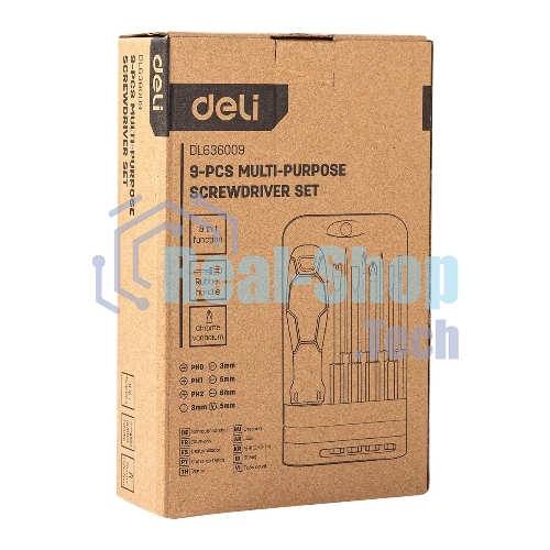 Многофункциональная отвертка 8-в-1 Deli DL636009 1шт ручка, 3 бита Phillips: PH0, PH1, PH2, 3 насадки с прорезями: 3 мм, 5 мм, 6 мм,2 специальные биты: точечные, Y-образные. Материал хвостовика: Cr-V.