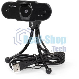 Веб-камера ExeGate BlackView C525 HD 1280x720, 30 кадр/с, USB Type-A, микрофон (шумоподавление), шторка приватности, универсальное крепление, штатив в комплекте