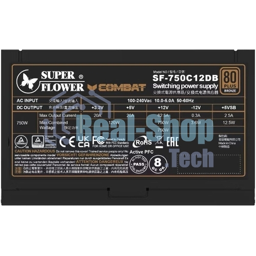 Блок питания 750Вт/Power Supply Super Flower Combat DB ATX 3.1, 750W, ATX, 120мм, 6xSATA, 3xPCI-E(6+2), 1xPCI-E 16, APFC, 80 PLUS Bronze, non-Modular