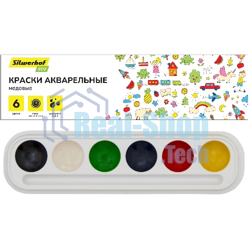 Краски акварельные Silwerhof Eco, медовые, 6 цветов, без кисти, картонная коробка