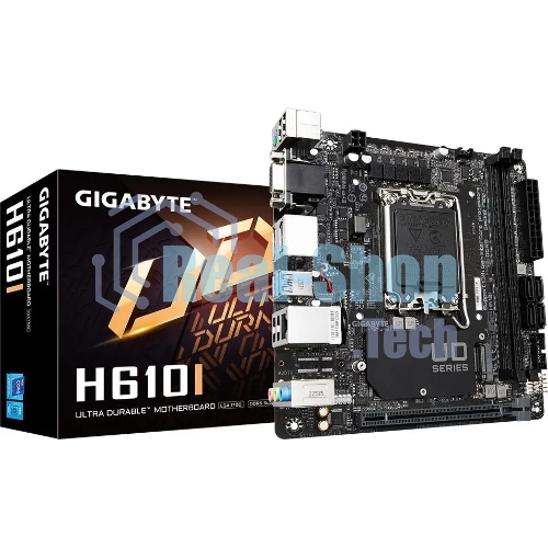 Материнская плата Gigabyte H610I, LGA 1700, Intel H610, 2xDDR5, 4xSATA, 1xM.2, 1xPCIe 4.0 x16, 1xHDMI, 1xVGA, 2xDP, 1x 1Gb LAN, 2xUSB-A 3.2 Gen 1, 4xUSB-A 2.0, 3x 3.5 мм, 7.1, Mini-ITX
