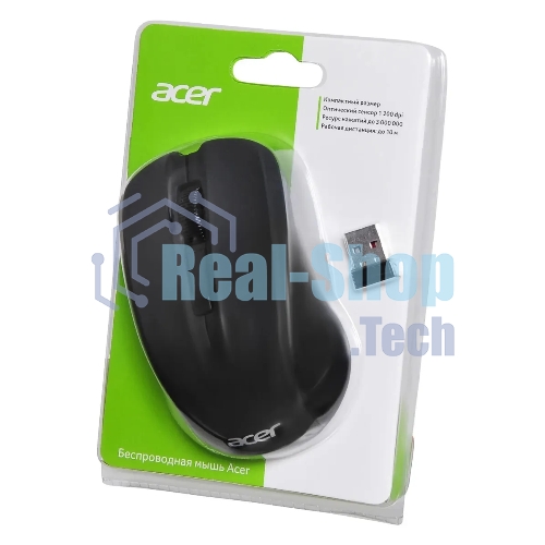 Мышь беспроводная Acer OMR010 черный, 1200 dpi, радиоканал, USB, кнопки - 3