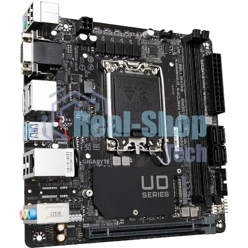 Материнская плата Gigabyte H610I, LGA 1700, Intel H610, 2xDDR5, 4xSATA, 1xM.2, 1xPCIe 4.0 x16, 1xHDMI, 1xVGA, 2xDP, 1x 1Gb LAN, 2xUSB-A 3.2 Gen 1, 4xUSB-A 2.0, 3x 3.5 мм, 7.1, Mini-ITX