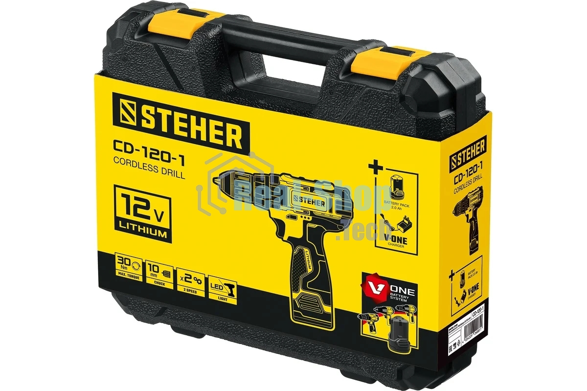 Дрель-шуруповерт STEHER CD-120-2, 12 В, 2 Ач, 30 Нм, щеточный