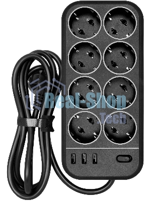 Сетевой фильтр Powercom SP-08 USB03AB 3,0 m 3.0м, 8 розеток, черный, коробка