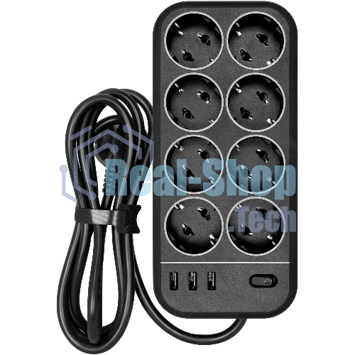 Сетевой фильтр Powercom SP-08 USB03AB 3,0 m 3.0м, 8 розеток, черный, коробка