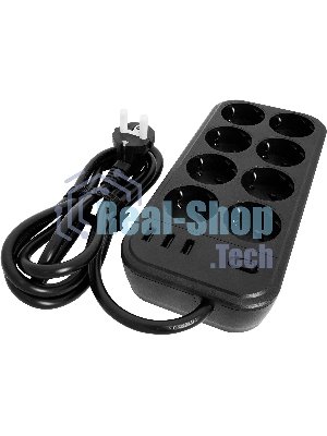 Сетевой фильтр Powercom SP-08 USB03AB 3,0 m 3.0м, 8 розеток, черный, коробка