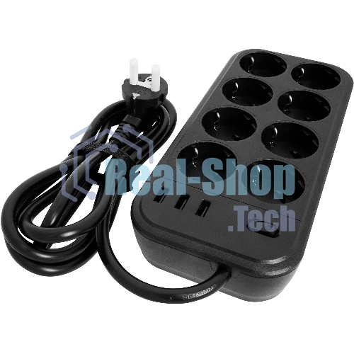 Сетевой фильтр Powercom SP-08 USB03AB 3,0 m 3.0м, 8 розеток, черный, коробка