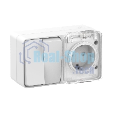 Блок ОП AtlasDesign Profi54 розетка 16А 250В с заземл. защ. шторки + 2-кл. выключатель 10А IP54 бел. SchE
