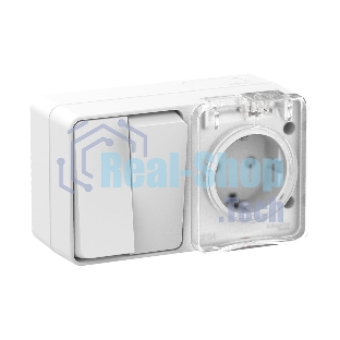 Блок ОП AtlasDesign Profi54 розетка 16А 250В с заземл. защ. шторки + 2-кл. выключатель 10А IP54 бел. SchE