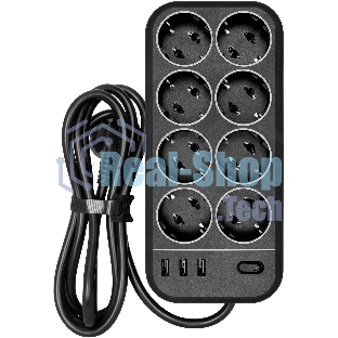 Сетевой фильтр Powercom SP-08 USB03AB 1,8 m 1.8м, 8 розеток, черный, коробка