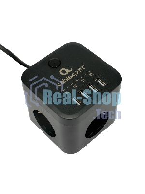 Сетевой фильтр Cablexpert Cube CUBE-3-U4-B-1.5, 3 р, 10А, 4хUSB, 1.5 м, ур.защиты 4+, черный, коробка