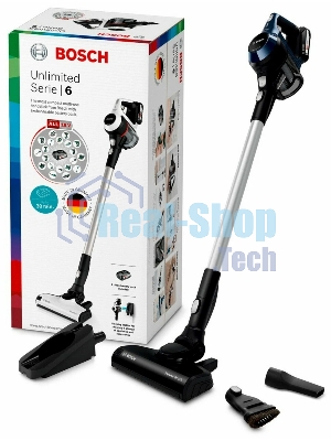 Пылесос вертикальный Bosch Unlimited BCS611P4A POWER FOR ALL 18V синий/черный, питание от аккумулятора, 18 Вт, уборка сухая, пылесборник 0.3 л