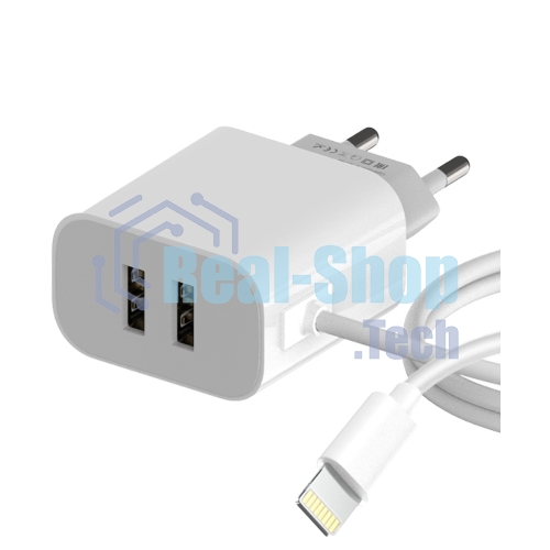 Сетевое зарядное устройство Maxvi CHL-242L 2хUSB 2.4A + литой кабель Lightning 1.2м, белый