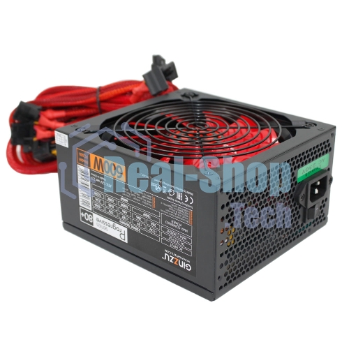 Блок питания Ginzzu PC600 Red, 600Вт, 80 PLUS, 140мм, черный/красный