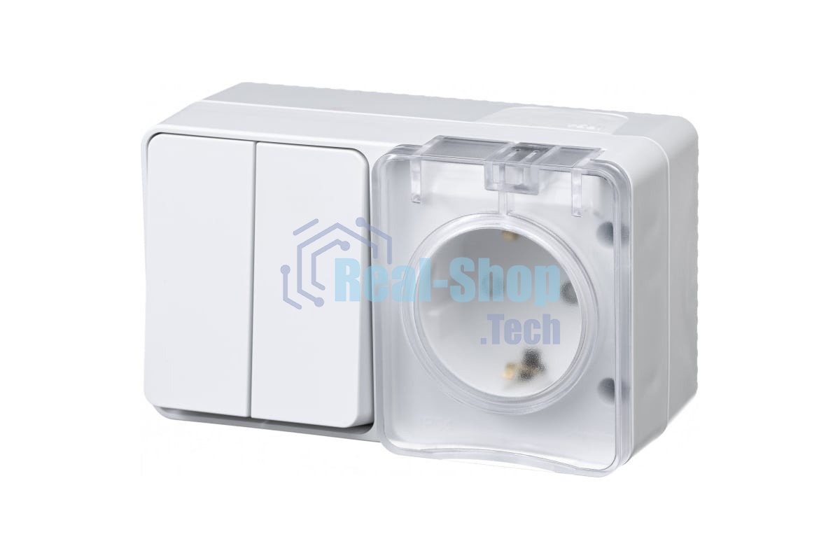 Блок ОП AtlasDesign Profi54 розетка 16А 250В с заземл. защ. шторки + 2-кл. выключатель 10А IP54 бел. SchE