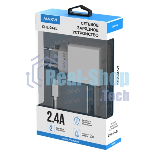 Сетевое зарядное устройство Maxvi CHL-242L 2хUSB 2.4A + литой кабель Lightning 1.2м, белый