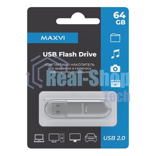 Флешка USB Maxvi P1 (FD64GBUSB20C10P1 silver), 64GB, USB 2.0, R/W 12/5, серебристый