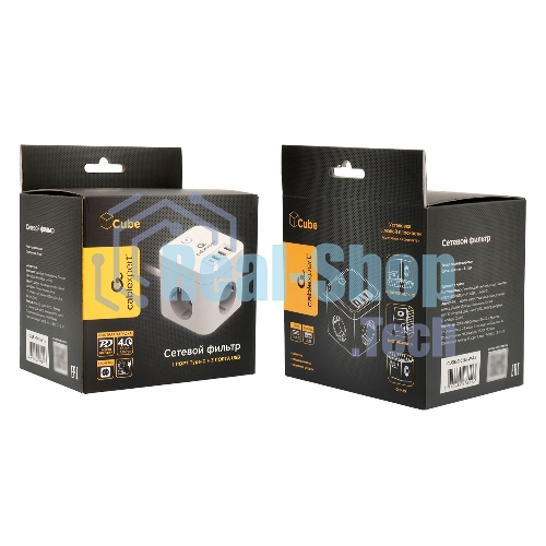 Сетевой фильтр Cablexpert Cube CUBE-3-CU3-W-1.5, 3 р, 10А, 1xType-C PD, 3xUSB, 1.5 м, ур.защиты 4+, белый, коробка