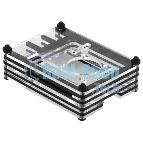 Корпус Qumo, 9-слойный акриловый + вентилятор, Raspberry Pi 4, черный transparent(RS041)