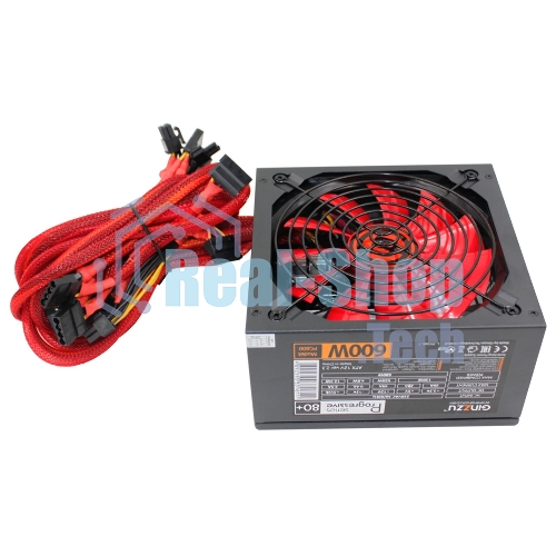 Блок питания Ginzzu PC600 Red, 600Вт, 80 PLUS, 140мм, черный/красный