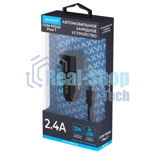 Автомобильное зарядное устройство Maxvi CCM-PS242 Plus T 2хUSB 2.4А + кабель Type-C 1м, черный