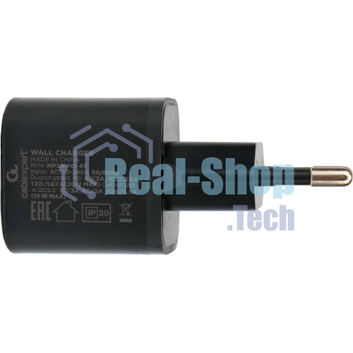 Сетевое зарядное устройство Cablexpert 20Вт, 3А, QC3.0/PD, 1xUSB, 1xType-C, черный, пакет