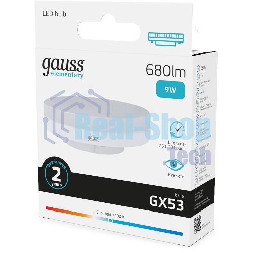Лампа светодиодная Gauss Elementary 9Вт цок.: GX53 таблетка 220B св. свеч. бел. нейт. Tablet (упак.: 10 шт)