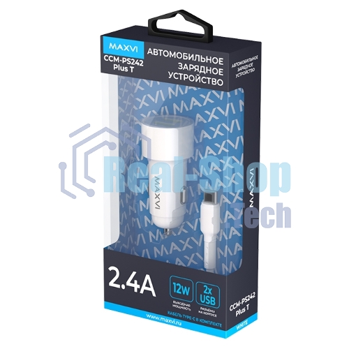 Автомобильное зарядное устройство Maxvi CCM-PS242 Plus T 2хUSB 2.4А + кабель Type-C 1м, белый