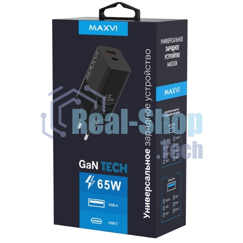 Сетевое зарядное устройство Maxvi A482GN 65W, 1xUSB-A, 1xUSB-C, черный