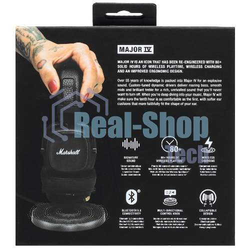 Беспроводные/проводные наушники Marshall Major IV черный, накладные, Bluetooth + проводной, беспроводная зарядка, до 80 ч