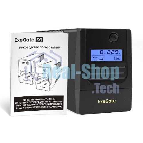 Источник бесперебойного питания ExeGate Smart LB-650.LCD.AVR.2SH (650VA/390W, LCD, AVR, 2*Schuko, батарея 12V 7Ah, черный)