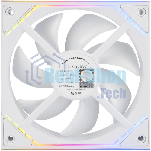 Кулер для корпуса Thermalright TL-M12RW Reverse (124x120x25mm, 4-pin PWM, ARGB, 42.6CFM, 23.2dBA, 1500RPM, White)