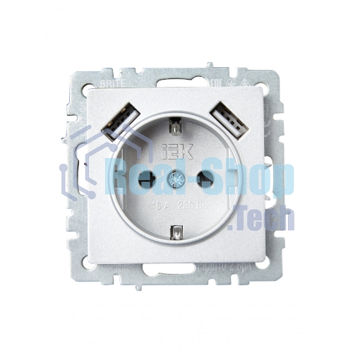 Розетка 1-местная IEK BRITE РЮш10-2-БрА (BR-R14-16-U21-D31-K47) с заземлением, с защитными шторками, 16А, с USB A+A 5В 3,1А, алюминий