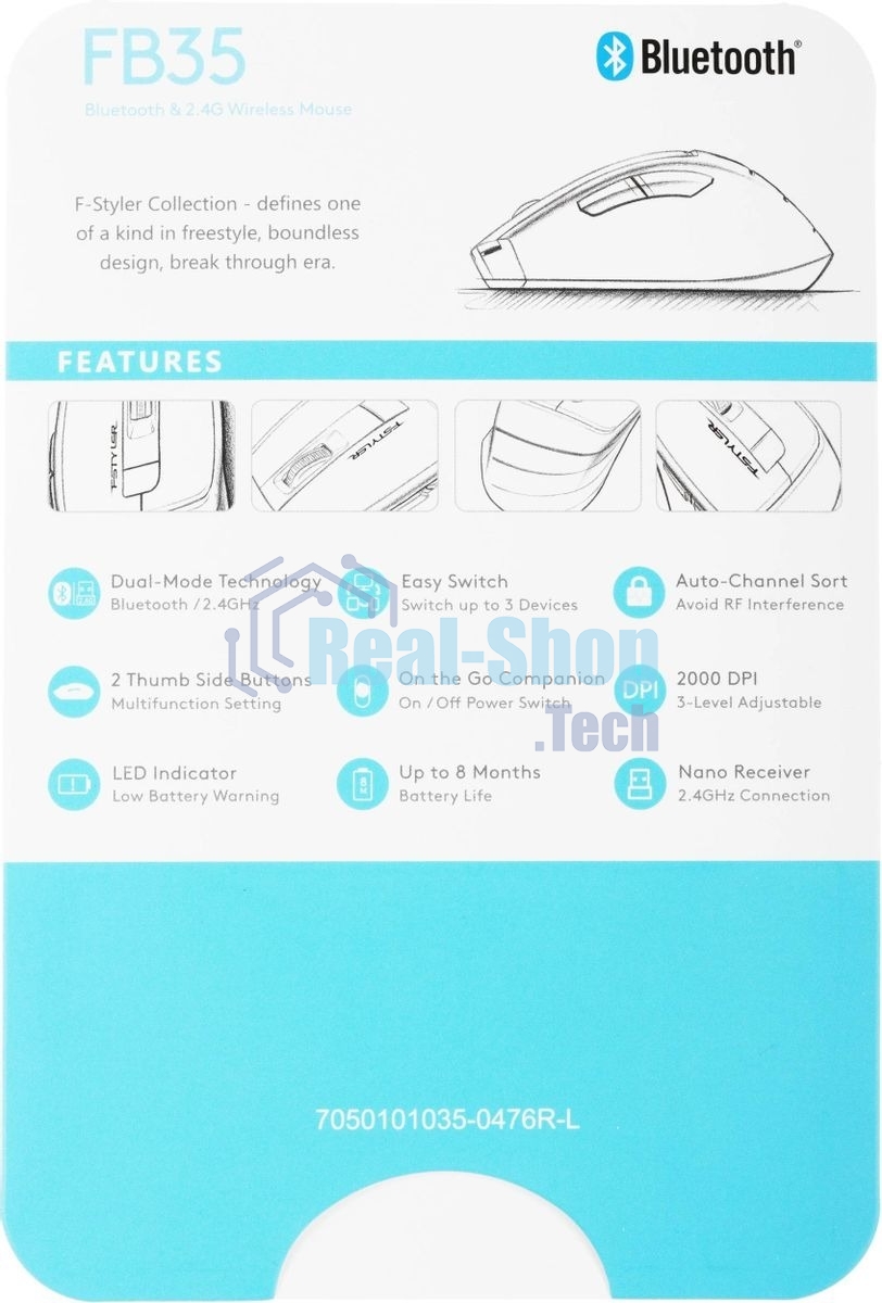 Мышь беспроводная A4Tech Fstyler FB35 белый/серый, 2000 dpi, радиоканал, Bluetooth, USB, кнопки - 6